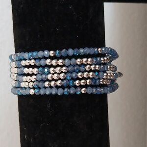 Set Of Six Elegant Blue And Silver Beaded Bracelets